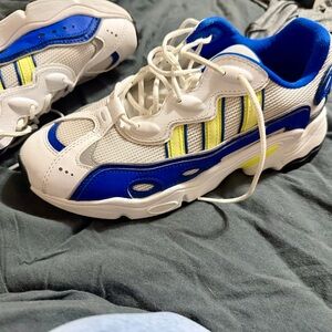 Women's Adidas 
White and Blue Athletic Sneakers with Yellow Accents